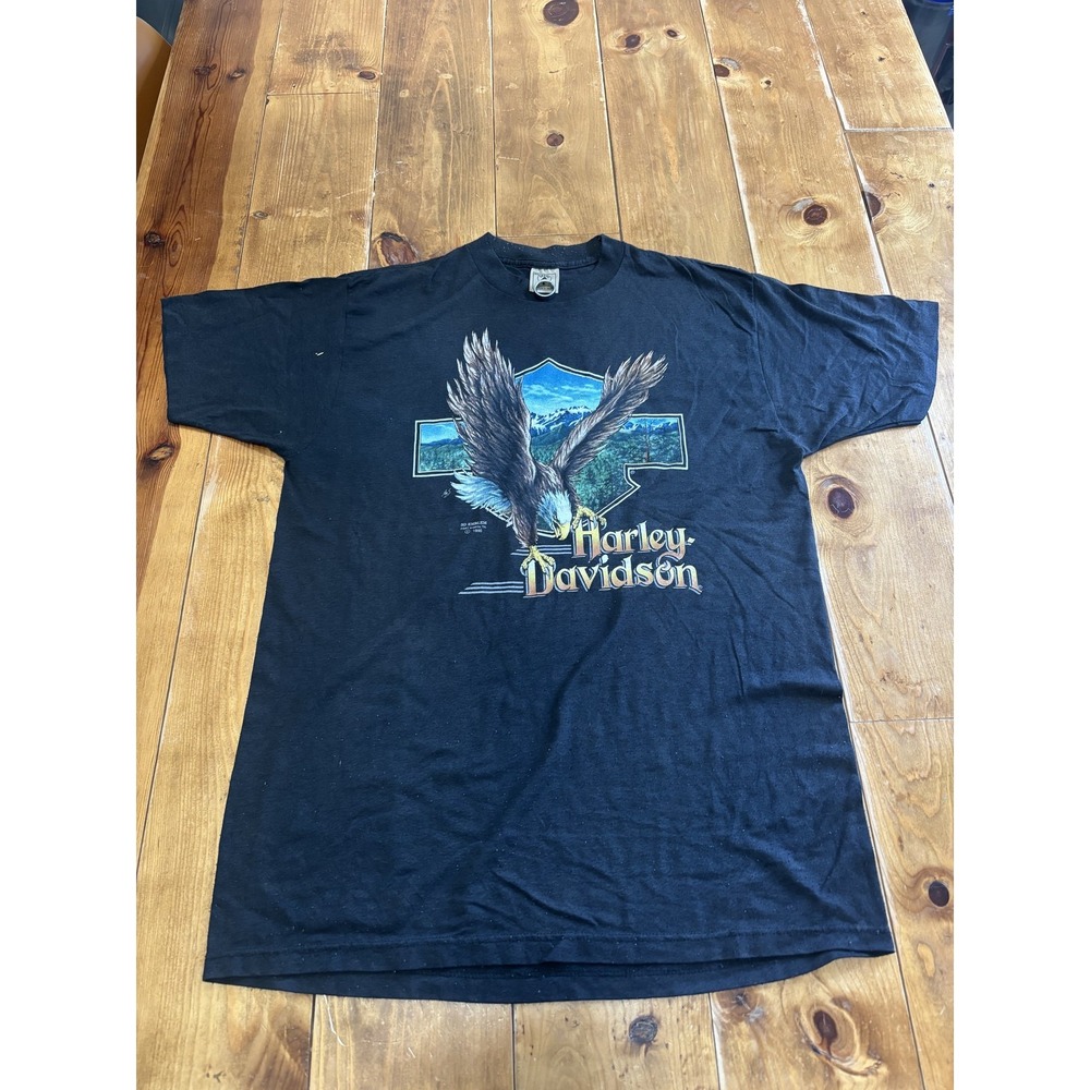 Vintage 1990 Harley Davidson 3D Emblem Bald Eagle Mountain Black T-Shirt Mens XL